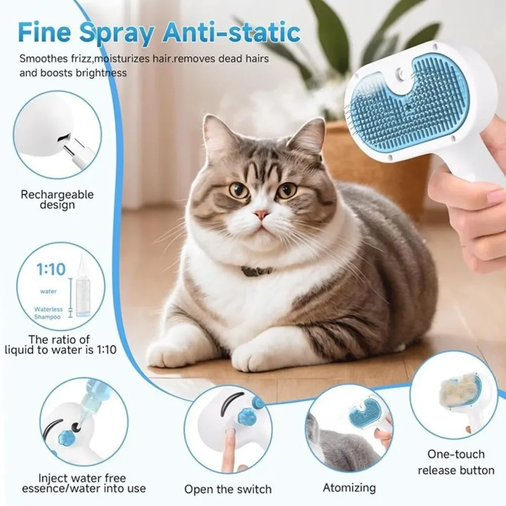 Pet Steam Brush for Dog & Cat - 3-in-1 Steam Grooming Brush